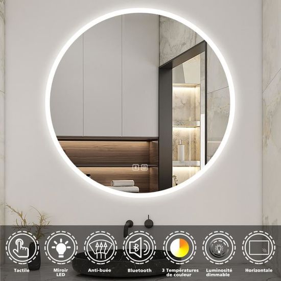 Miroir De Salle De Bain LED Anti-buée 50 Cm - Bluetooth, 3 Couleurs, Gradable, Interrupteur Tactile, Rond - 5