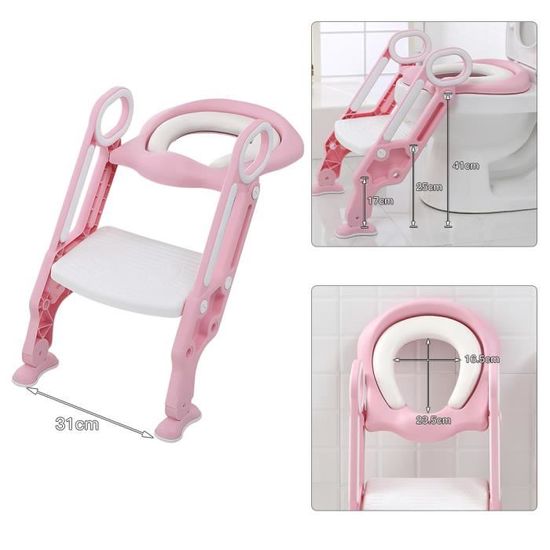 Siège Toilette Enfant avec Échelle - Rose + Blanc - Pliable et Réglable - Anti-dérapant