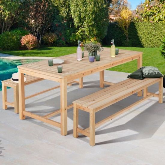 IDMARKET Salon de jardin en bois UVITA table de jardin 180 cm + 2 bancs
