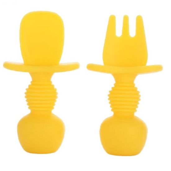 2 pcs bébé cuillère fourchette Ensemble de tablette auto-alimentant en tout-petits ustensiles antidérapants en silicone jaune