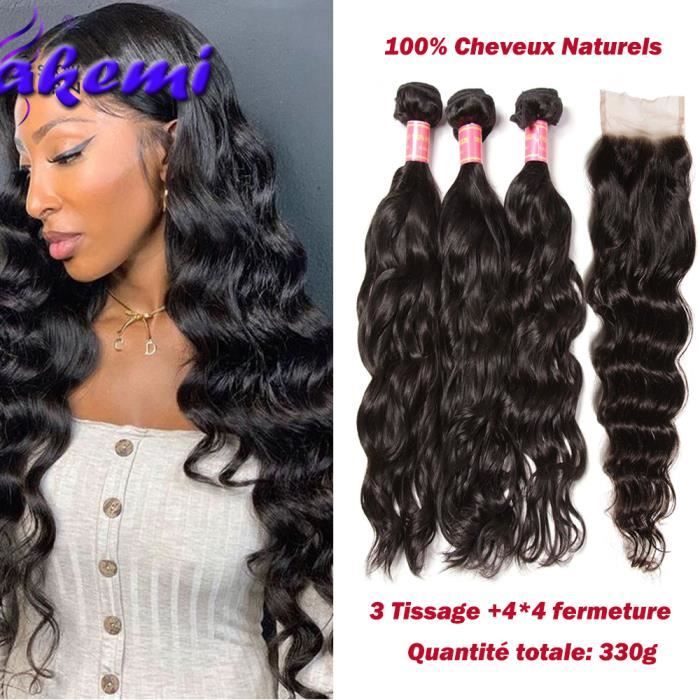 LOT 3 Tissage Péruviens Natural Wave Avec Closure Cheveux Humains (14-16-18-+12-closure)