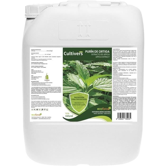 CULTIVERS Purin d'Orties biologique 20 L. Action insecticide, fongicide, acaricide. Corrige la chlorose ferrique. Substance de base