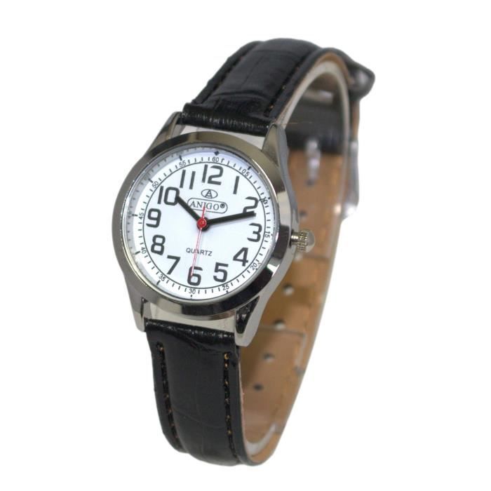 montre femme classique cuir noir chiffres clairs fete des mères