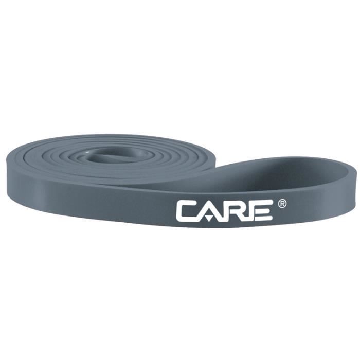 La bande de force grise de Care en latex avec une largeur de 3 cm permet de réaliser des exercices avec une résistance de 11 kg.
