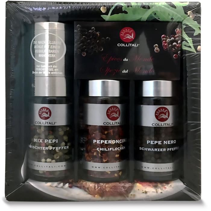 COLLITALI set POIVRE & PIMENT CHEF 1+2 : moulin céramique poivre 35 g, 2 recharges piment 25 g & poivre noir 43 g.