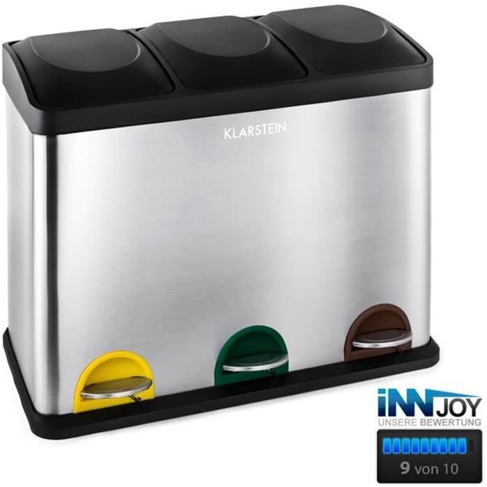 Klarstein Ökosystem - Poubelle de cuisine à pédale en acier inox avec 3 compartiments de 15L pour le tri selectif