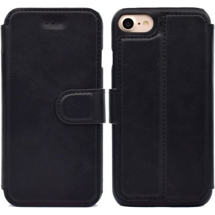 Etui Pour iPhone 7/8 Housse à Rabat Portefeuille Amovible avec Coque Magnétique en Cuir Premium Protection-Noir