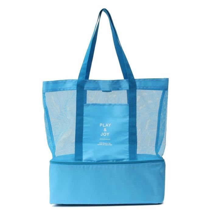 Cabas sac à pique-nique ou à provisions multifonctions pliable et isotherme pour le déjeuner, l’école , la plage et les courses BLEU