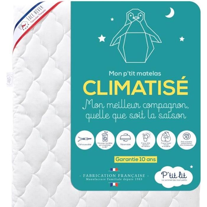 P'tit Lit - Matelas Bébé Climatisé - 60x120 cm - 1 face Été fraîche / 1 face Hiver ouatinée - Anti Acarien - Déhoussable - Oeko