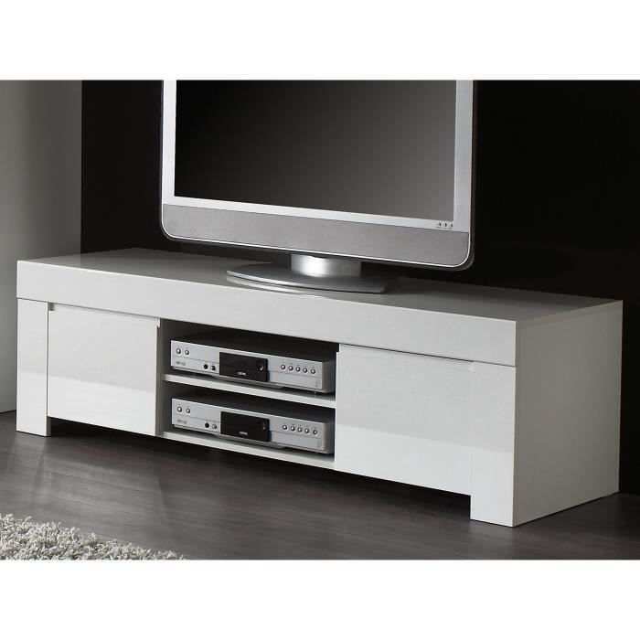 Meuble TV 2 portes 140 cm laqué Blanc brillant - PISA - L 140 x l 50 x H 45