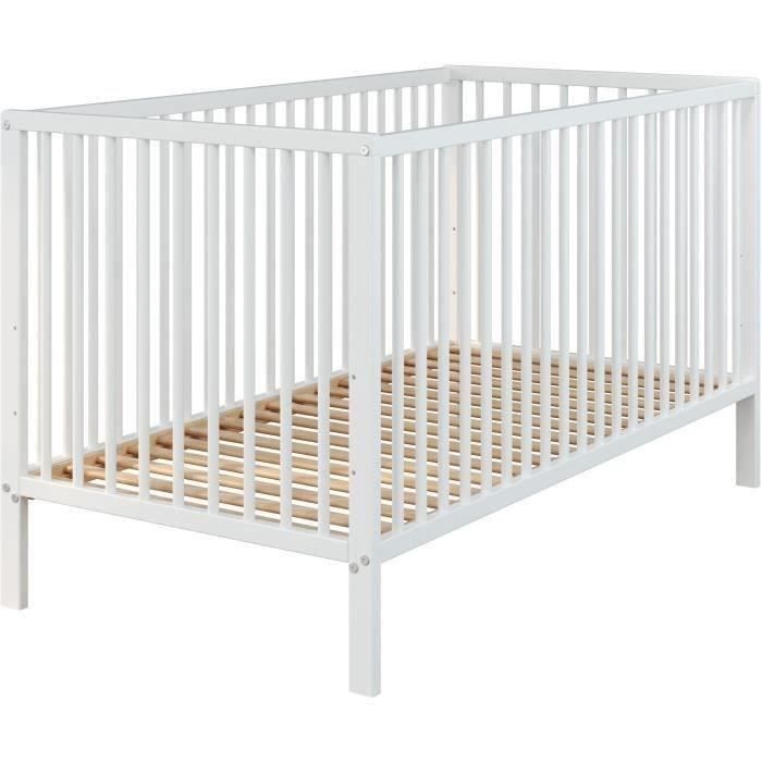 Lit bébé à barreaux - Couchage 70 x 140 cm - Hêtre massif teinté blanc - 3 hauteurs réglables - L 144 x H 84 x P 78 cm - TRENDTEAM