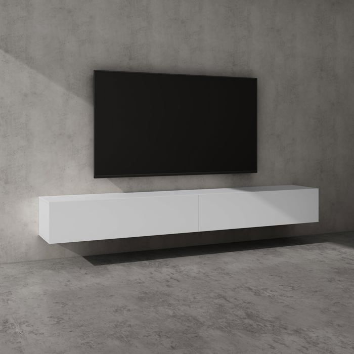 Meuble TV Suspendu Blanc Laqué Brillant 270 Cm - Buffet Mural Push-to-Open Pour TV Jusqu'à 85 Pouces