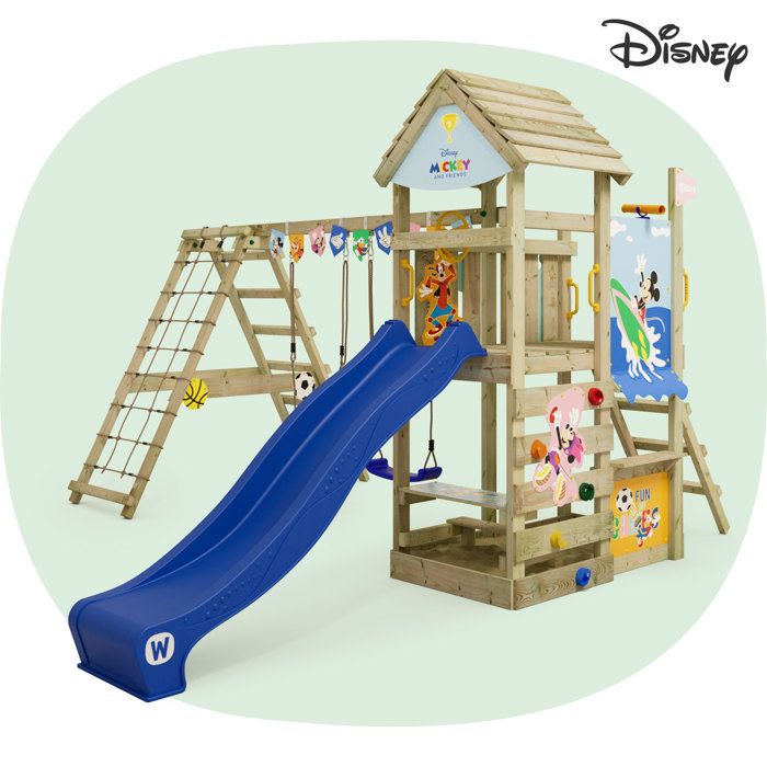 Aire de jeux WICKEY Disney Story Mickey et ses amis – toboggan 220 cm double balançoire & mur d’escalade – garantie 10 ans*
