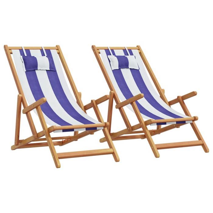 vidaXL Chaises de plage pliantes lot de 2 bleu blanc tissu bois massif chaise longue chaise dextérieur siège 3214490