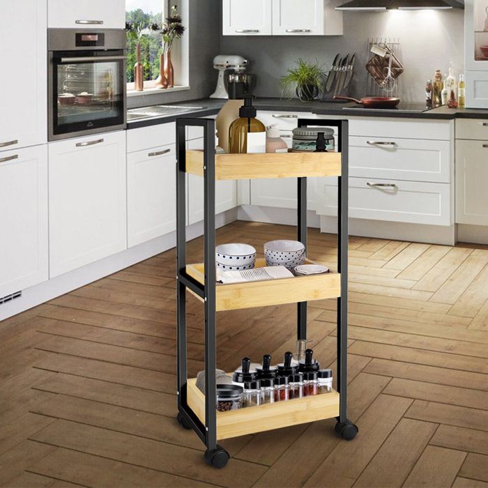 Chariot à 3 niveaux pour cuisine salle de bain chambre étagère de rangement 20*30*80cm pieds en fer noir + boîte en bambou.