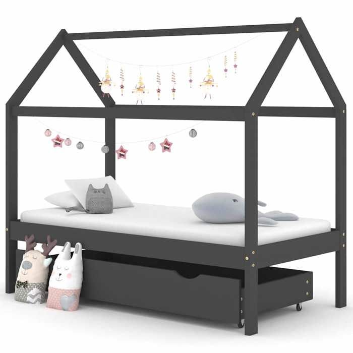 Cadre de lit denfant - VIDAXL - Gris foncé - Pin massif - 80x160 cm - Tiroir inclus