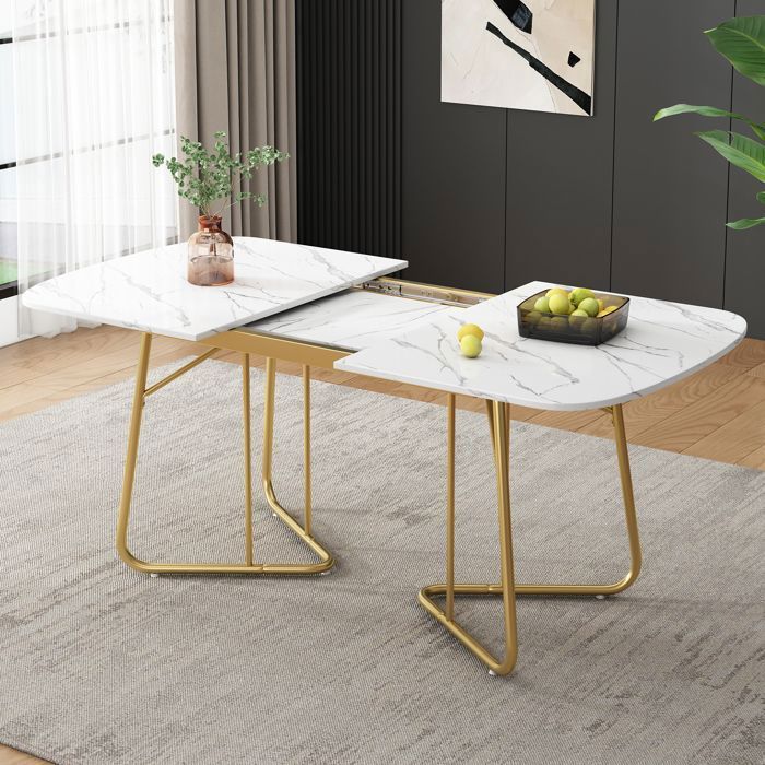 Table Salle à Manger Extensible Rectangulaire Multifonctionnelle Moderne Minimaliste Blanc Doré 140/180x80x75cm