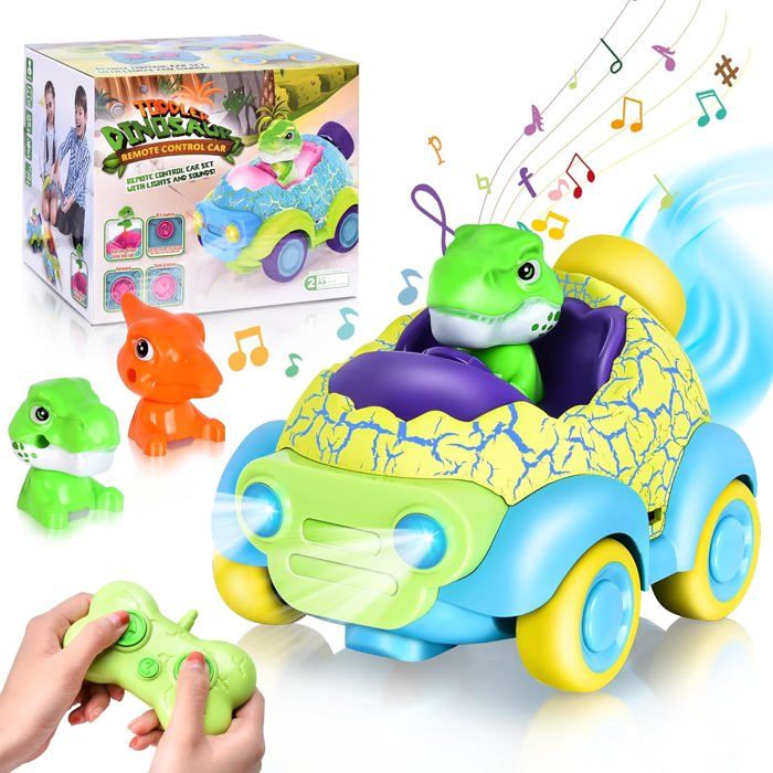 KBIBCK Voiture Télécommandée Dinosaure – Avec Lumières LED, Musique, œuf Lumineux – ABS Solide – Dès 2 Ans – Câble USB Inclus