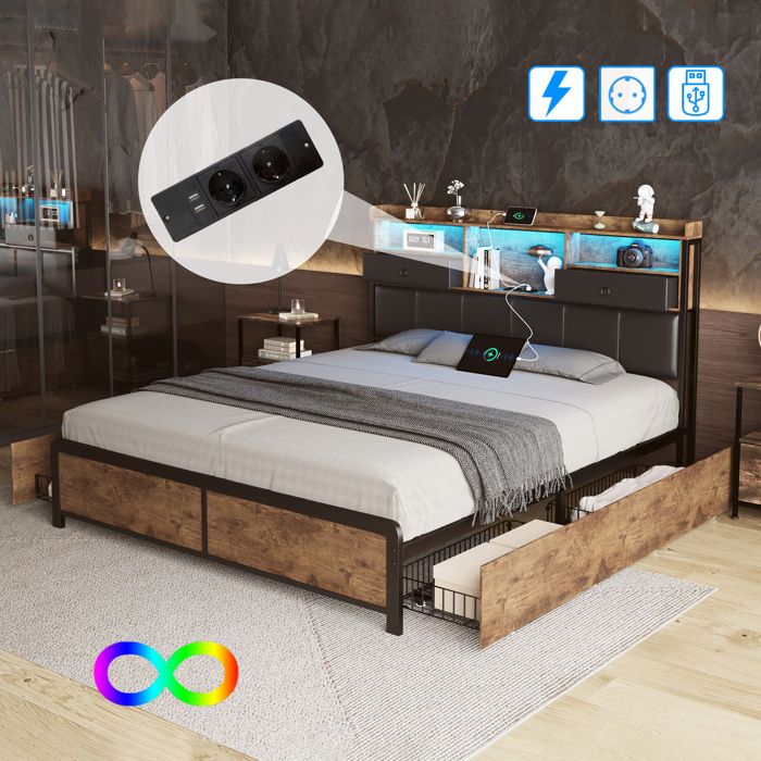Lit 160x200 cm - LUMINARIX - Lit Double avec LED - 6 Tiroirs - USB Intégré - Structure Métallique