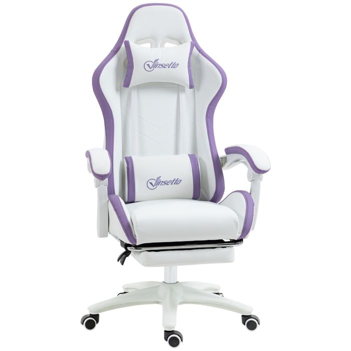 VINSETTO Chaise de bureau gaming inclinable pivotant r&eacute;glable - coussins lombaires t&ecirc;ti&egrave;re inclus - mauve blanc