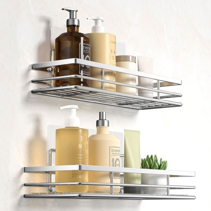 Etagère Douche 2 PCS Etagere Salle de Bain Sans Percage Rangement Douche Support de gel Shampoing argent