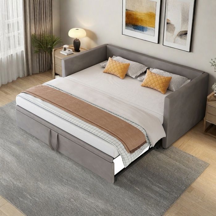 Canapé-lit 90x200 Cm Avec Lit Gigogne - Ports USB/Type-C - Rangement Intégré - Lin Et MDF - Gris/Beige