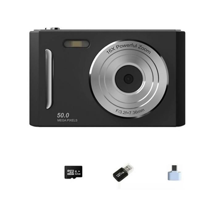 Appareil photo numérique 4K carte mémoire 32 Go 0.3 Mpx écran HD 24 zoom 8x double caméra flash intégré noir