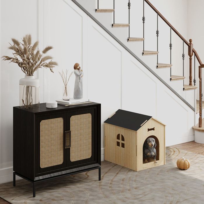 Comparer les prix de Niche pour chien intérieur maison chien intérieur en bois avec motifs dos creux fenêtre 44 x 57 x 58 cm chêne