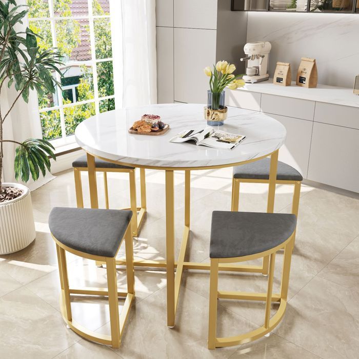 Ensemble table et chaises de salle à manger quatre chaises plateau en MDF structure en fer plaqué or gris