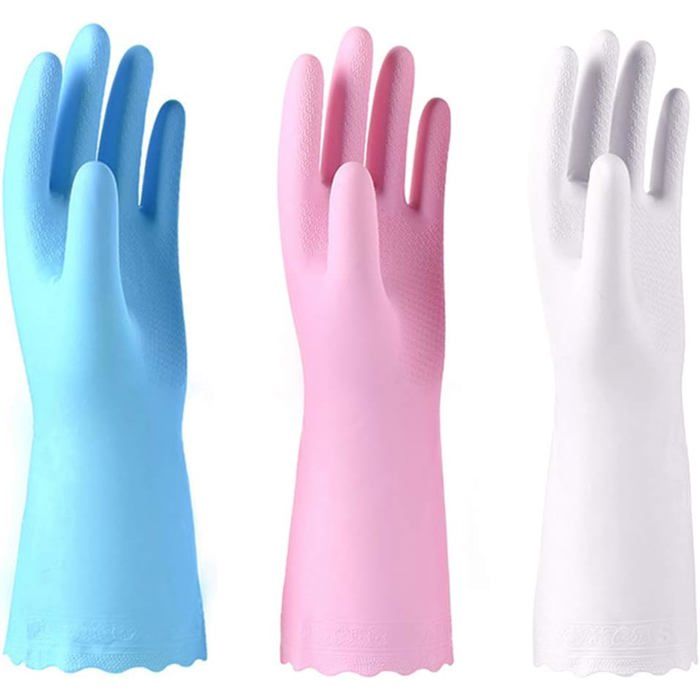 Lot de 3 gants de nettoyage réutilisables sans latex - gants de vaisselle avec doublure en coton et paumes gaufrées