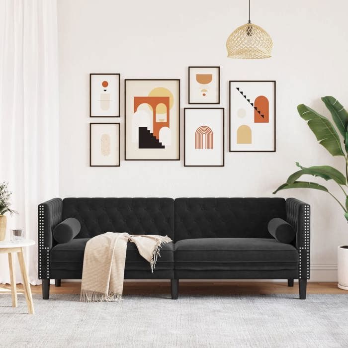 Canapé Chesterfield 3 places - MANGO - Velours - Noir - 194x74 5x70 5 cm - Traversins inclus - Capacité 110 kg par siège Canapé Chesterfield 3 places - MANGO - Velours - Noir - 194x74 5x70 5 cm - Traversins inclus - Capacité 110 kg par siège
