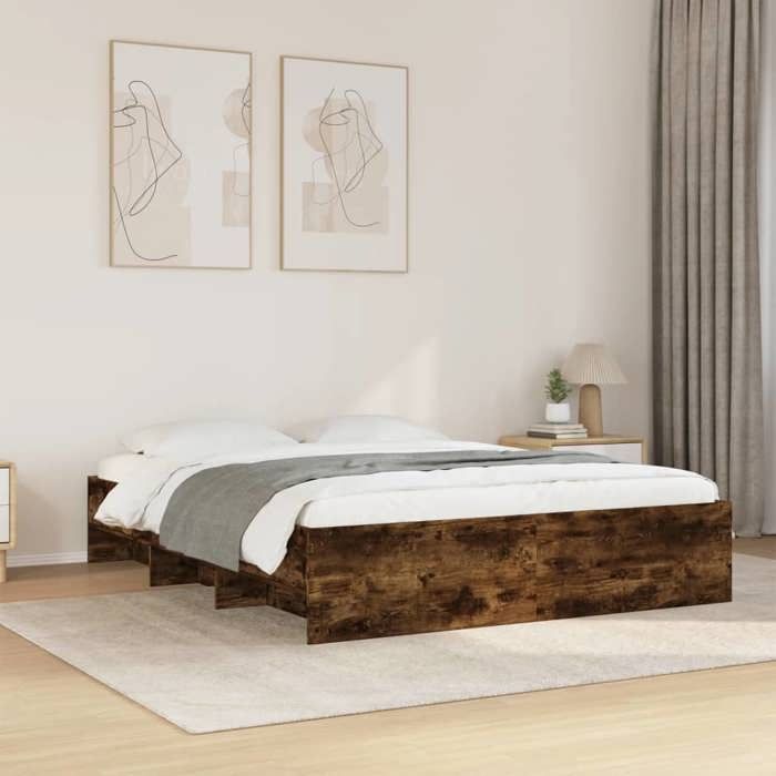 Structure de lit chêne fumé - UU - 150x200 cm - Bois dingénierie - Sommier à lattes - Compartiments de rangement