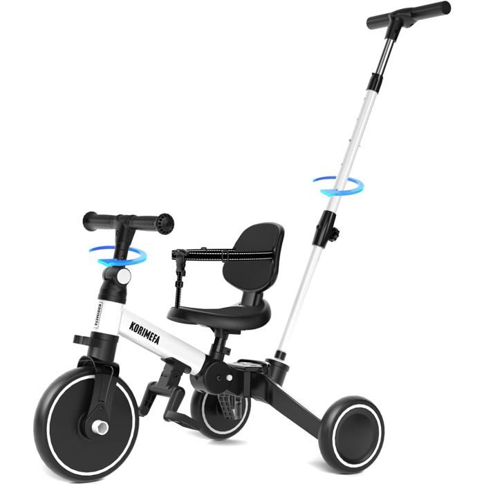 Tricycle KORIMEFA 5-en-1 pour Enfants 1-3 Ans Poignée de Poussée Dossier Blanc