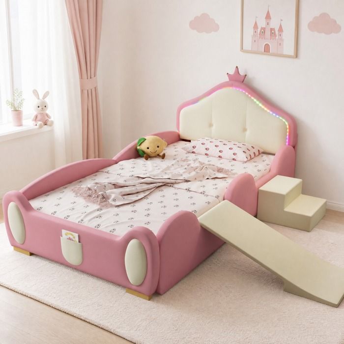 Maisentiel Lit enfant rembourré couronne 90 x 200 cm en PU rose et beige LED glissière et escalier