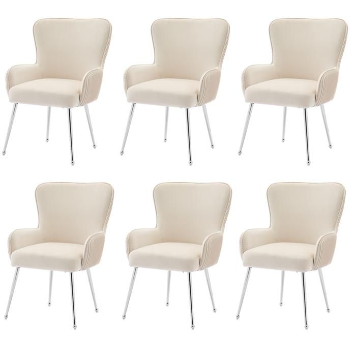 Chaise - Lot de 6 - Velours beige - Accoudoirs & dossier plissé - Pieds métal réglables mousse 10 cm