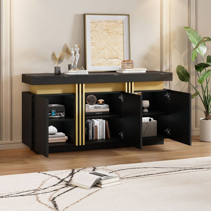 Buffet 140x38x70 cm avec 3 portes et séparateurs réglables en panneau de particules noir