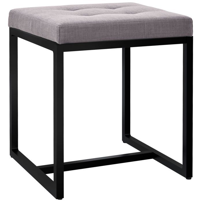 Banc d’entree tabouret contemporain largeur 40cm a structure en metal noir assise capitonnee en tissu gris 10_0005780