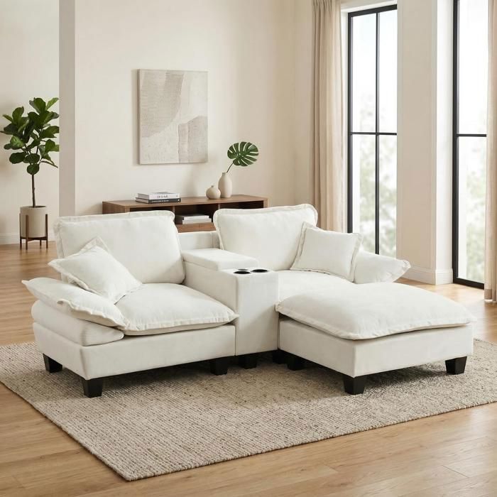 Luscriate - Canapé angle modulable 3 places chenille cloud sofa USB porte-gobelets coffre rangement ottomane coussins - Beige