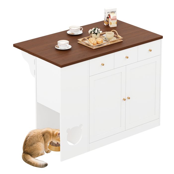 VLIVRA Desserte de cuisine avec 3 tiroirs 2 portes et plateau extensible - pour cuisine - en MDF - blanc et noyer foncé