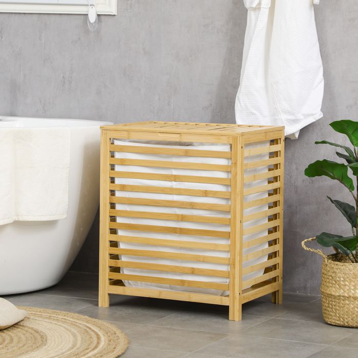 MOTHINESSTO1462-Panier à linge sale en bambou avec sac en polyester et coton amovible et couvercle - dim. 50L x 36l x 60H cm naturel