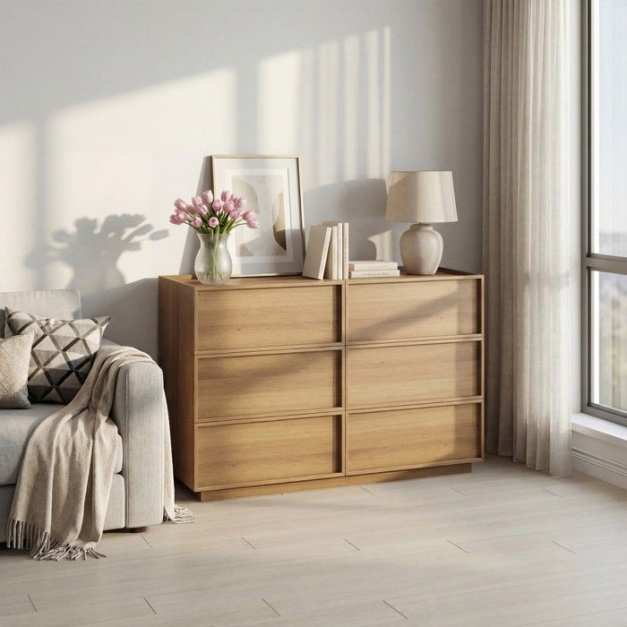 Commode 6 tiroirs en bois chêne armoire de rangement multi-usage pour salon chambre couloir dimensions 115x48x78cm