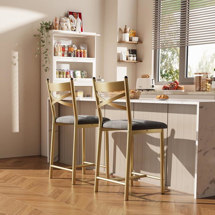 TABOURET DE BAR-Lot de 2 Tabourets de bar assise épaisse cuir PU Assise Confortable Cuir PU Dossier Ergonomique Repose-Pieds doré