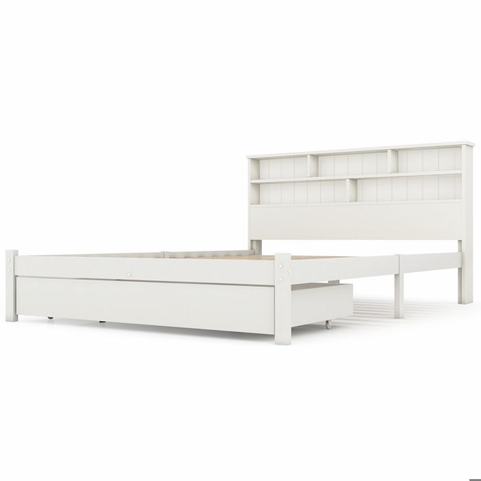 Lit double 140x200 en bois massif blanc avec tiroirs bibliothèque et sommier