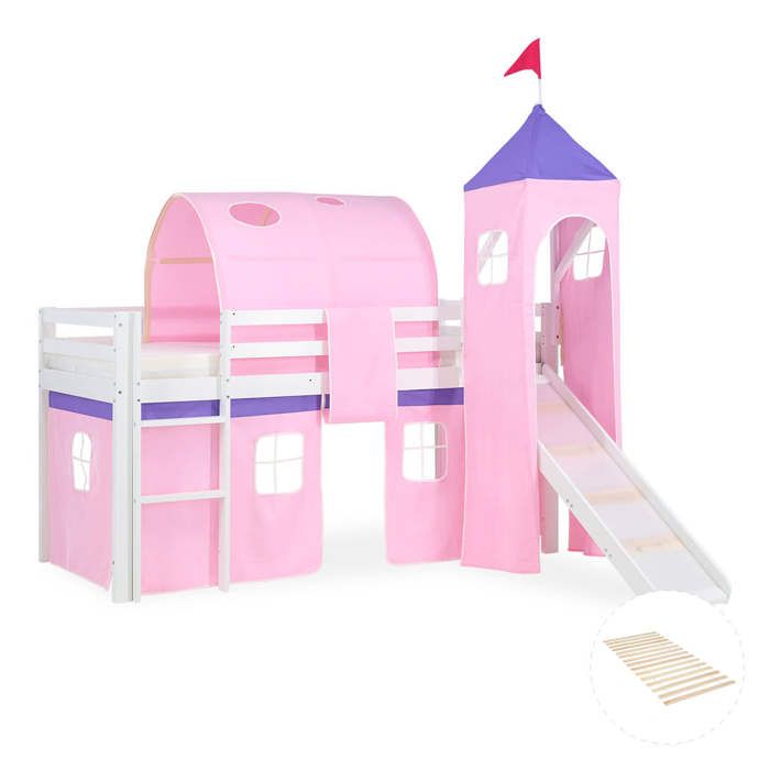 Lit mezzanine pour enfants 90 x 200 cm blanc avec rideau rose Tunnel Tour Toboggan Avec sommier à lattes Lit mezzanine pour enfants 90 x 200 cm blanc avec rideau rose Tunnel Tour Toboggan Avec sommier à lattes