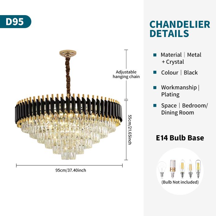 Grand lustre de luxe en cristal noir et doré Ø95 cm suspension multicouche avec 3 couleurs de lumière lampe design pour grands