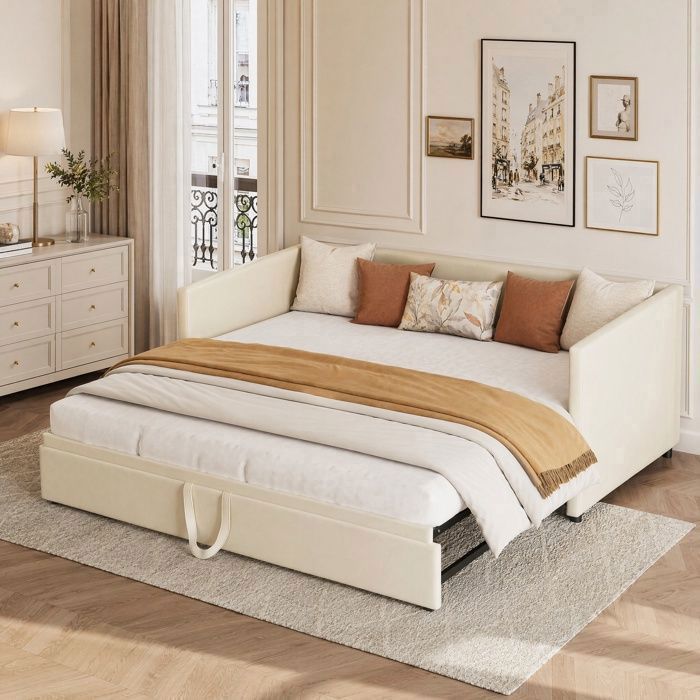 Canapé lit gigogne 2 places 90/180x200 cm Lit canapé rembourré avec sommier à lattes Lit convertible en velours Beige