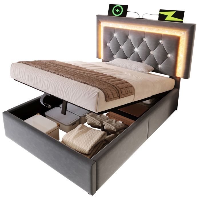 Lit capitonné 90x200 tête de lit LED diamant USB & Type-C coffre hydraulique sommier à lattes gris