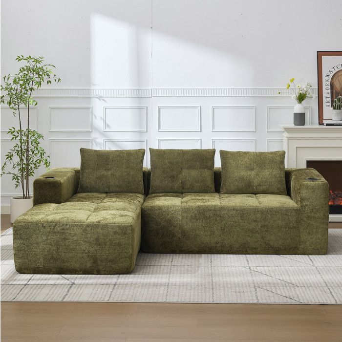 Canapé dangle compressé 3 places 255 x 161 cm en chenille verte avec méridienne gauche et porte-gobelets