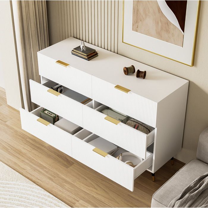 COVREO Buffet bas 120 x 40 x 77 cm 6 tiroirs blanc et or façade ondulée