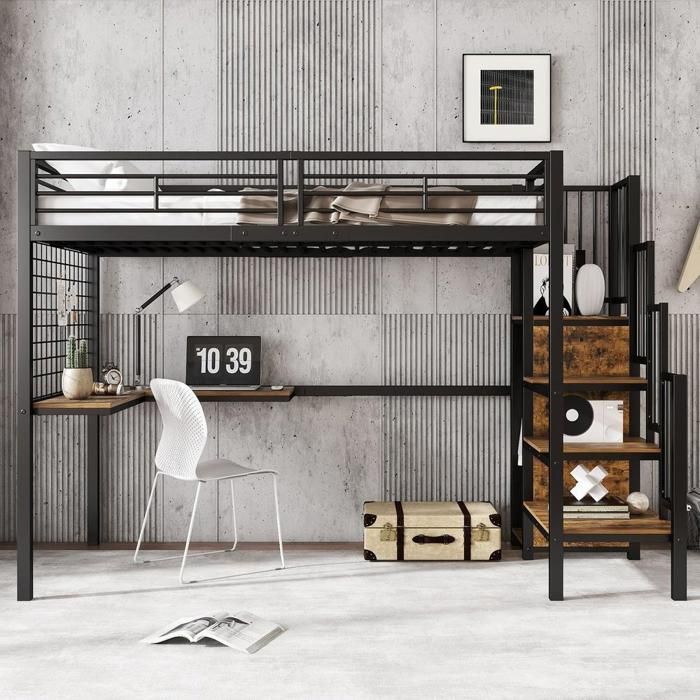 Lit mezzanine enfant - KOMHTOM - 90x200 - Bureau intégré - Armoire - Métal noir